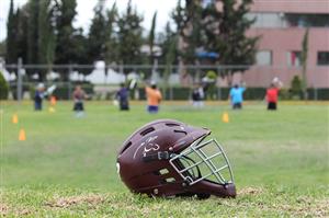 A lacrosse helmet sitting on a field